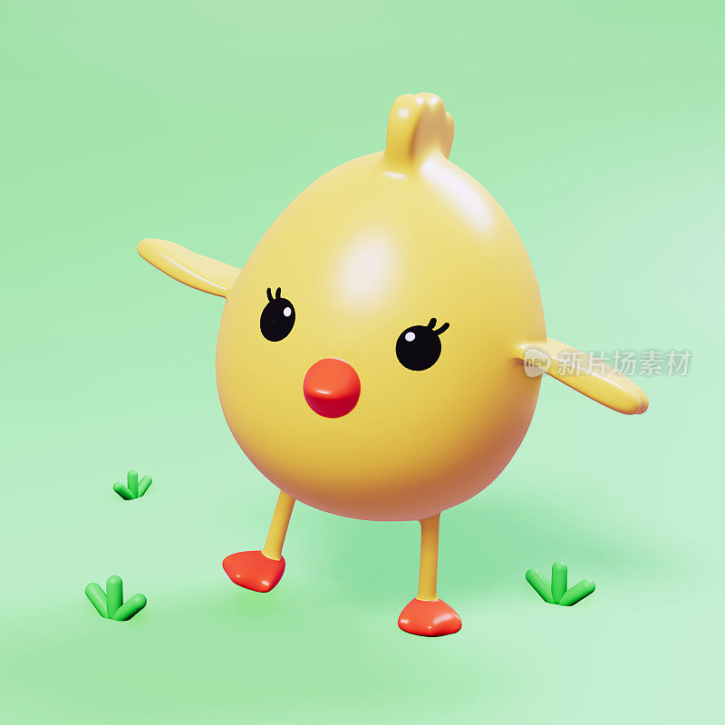 Little baby chicken on green grass cute cartoon bird character 3d render. Cheerful spring nature illustration. Farm animals. Easter greeting card. Newborn party